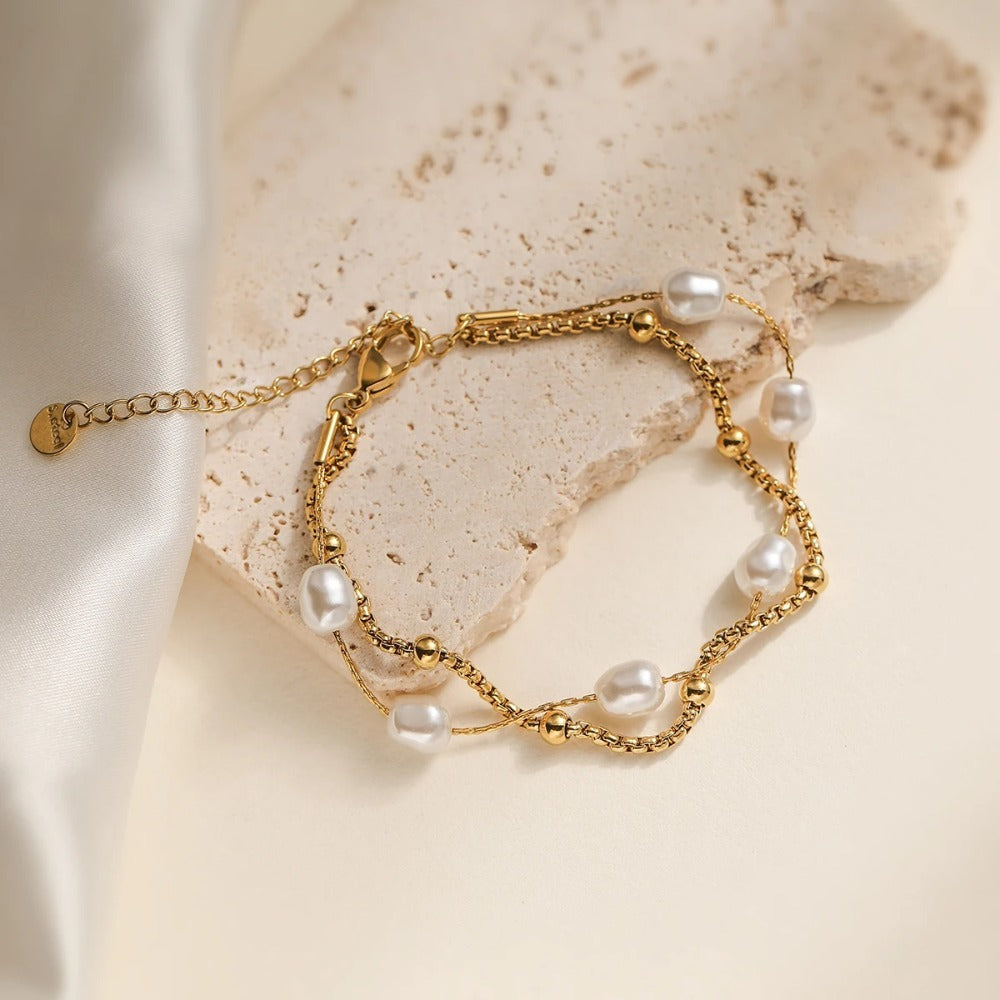 Double Layers Pearl Bracelet | 18K Gold