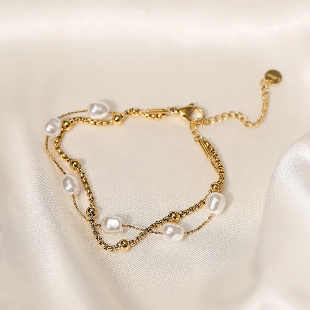 Double Layers Pearl Bracelet | 18K Gold